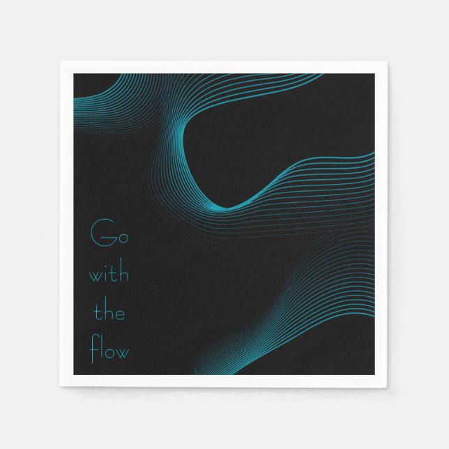 "Go with the Flow" Modern Black & Blue Wavy Lines  Napkin (Front)