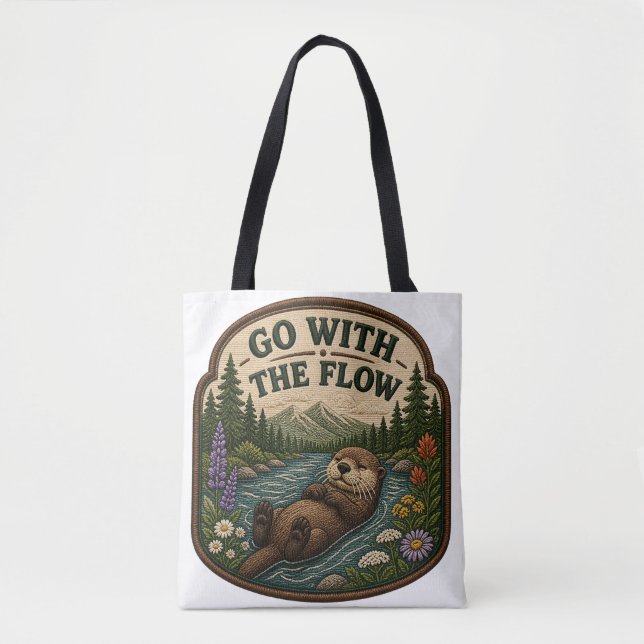 Go With The Flow Otter Embroidered Patch Tote Bag (Front)