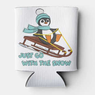 Go With The Snow Sledding Cute Penguin Winter Can Cooler