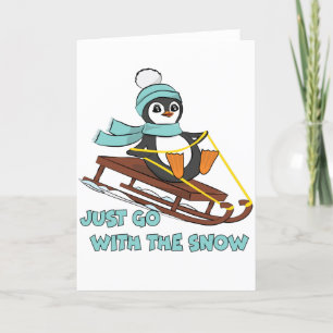 Go With The Snow Sledding Cute Penguin Winter Holiday Card