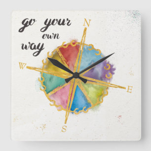 Go Your Own Way Quote With Coloured Compass Square Wall Clock
