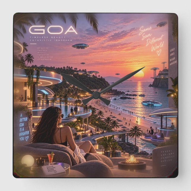 Goa • Timeless Beauty Futuristic Tomorrow • Same S Square Wall Clock (Front)