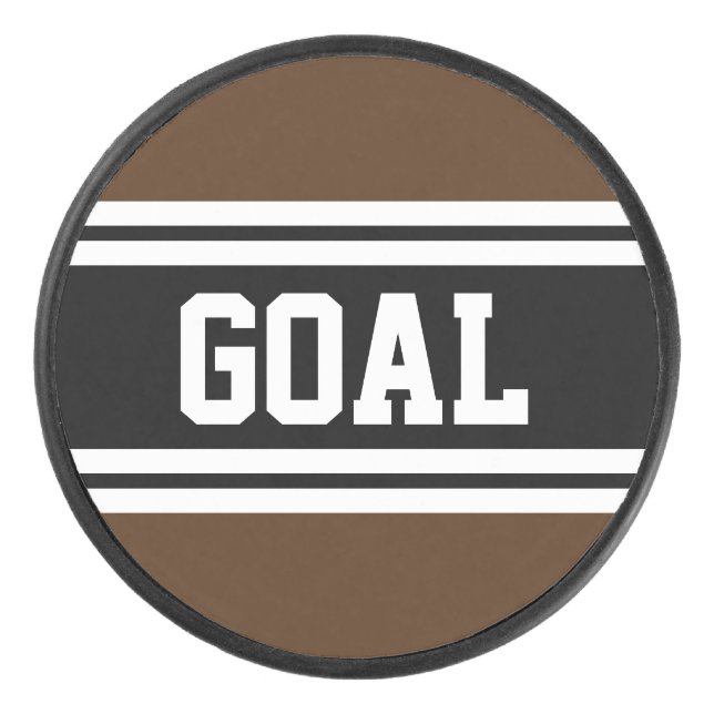GOAL Bold Sporty Brown Black White Racing Stripes Hockey Puck (Front)