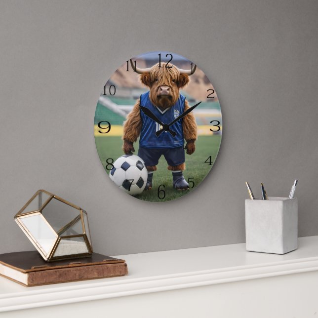 "Goal-Getter: A Highland Cow Dressed for Soccer"  Large Clock (Office)