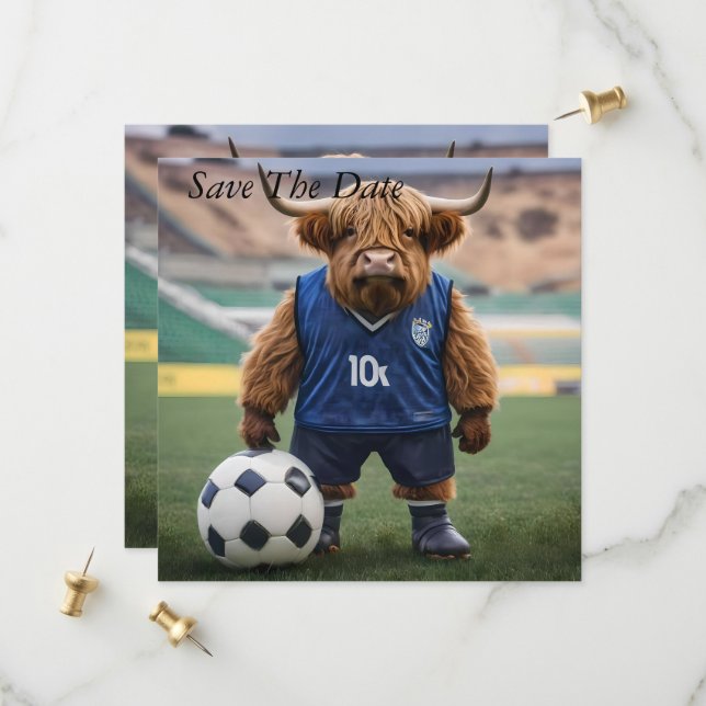 "Goal-Getter: A Highland Cow Dressed for Soccer"  Save The Date (Front/Back In Situ)