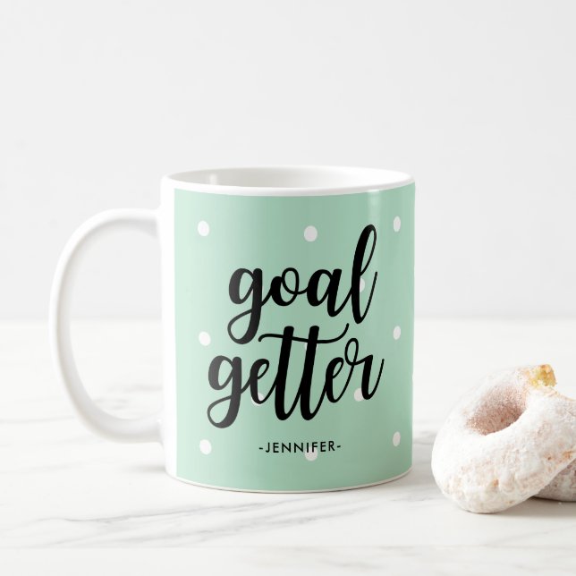 Goal Getter | Mint Green Polka Dots and Typography Coffee Mug (With Donut)
