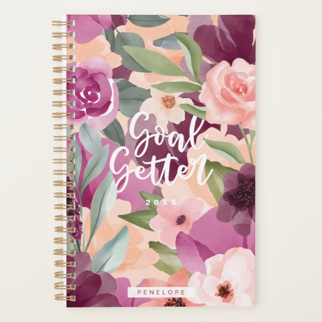 Goal Getter Violet & Pink Watercolor Floral Custom Planner (Front)