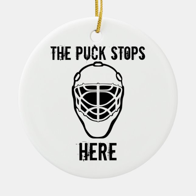 goalie-mask, the puck stops, Here Ceramic Tree Decoration (Front)