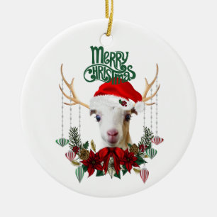 Goat Christmas Beautiful LaMancha Kid in Antlers Ceramic Tree Decoration