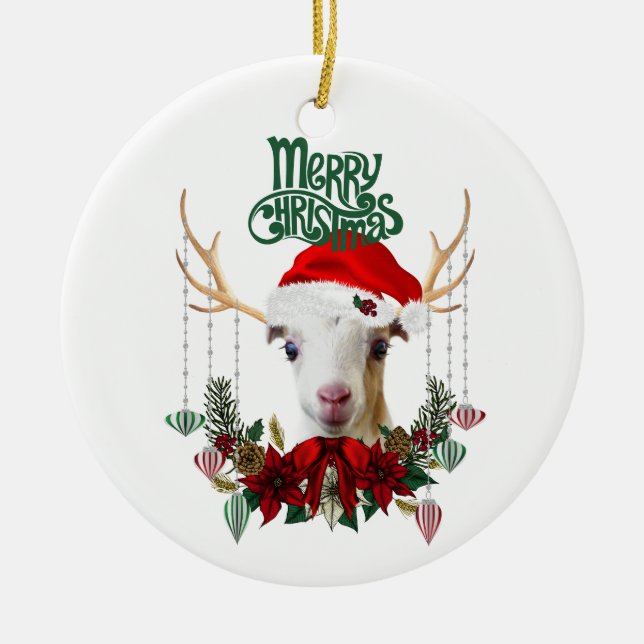 Goat Christmas Beautiful LaMancha Kid in Antlers Ceramic Tree Decoration (Front)