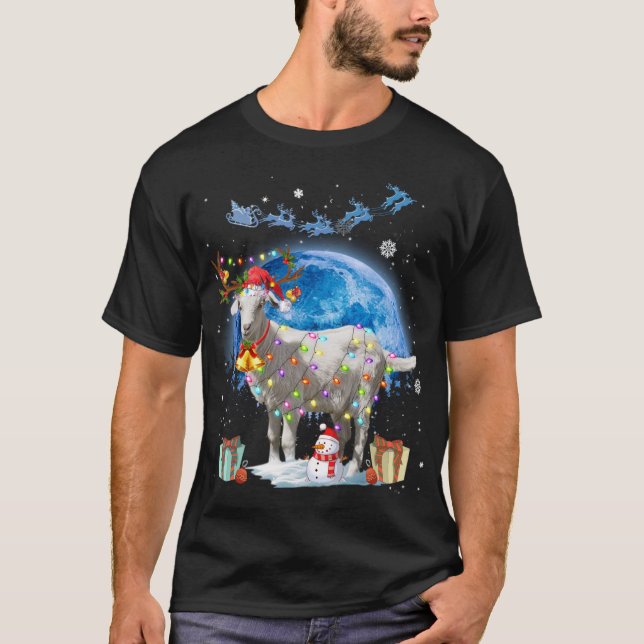 Goat Christmas Lights Blue Moon Gift X-mas Santa H T-Shirt (Front)