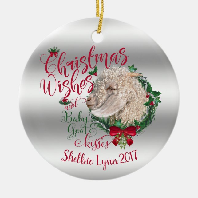 GOAT | Christmas Wishes Baby Goat Kisses Angora Ceramic Tree Decoration (Front)