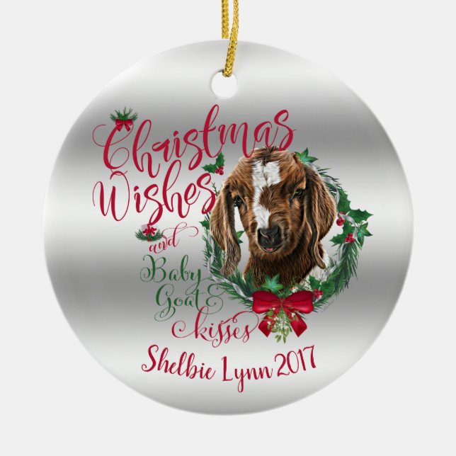 GOAT | Christmas Wishes Baby Goat Kisses Boer Ceramic Tree Decoration (Front)