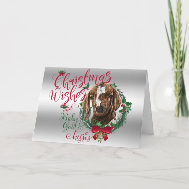GOAT | Christmas Wishes Baby Goat Kisses Boer Holiday Card (Front)