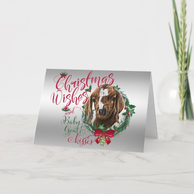 GOAT | Christmas Wishes Baby Goat Kisses Boer Holiday Card (Front)
