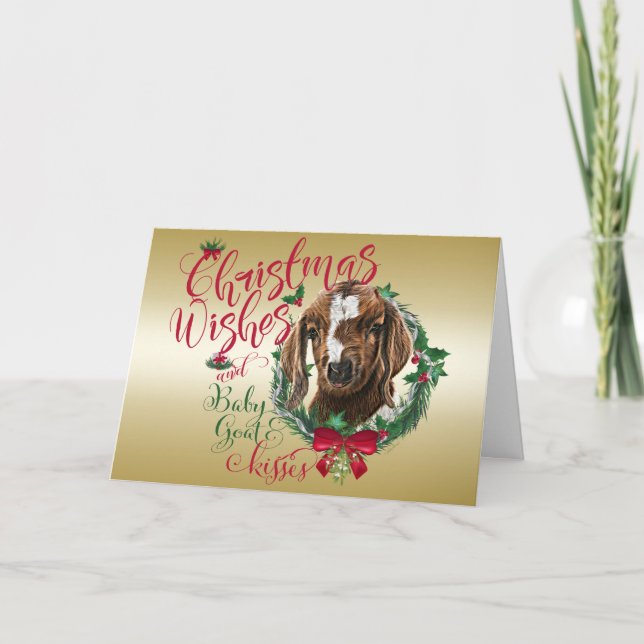 GOAT | Christmas Wishes Baby Goat Kisses Boer Holiday Card (Front)