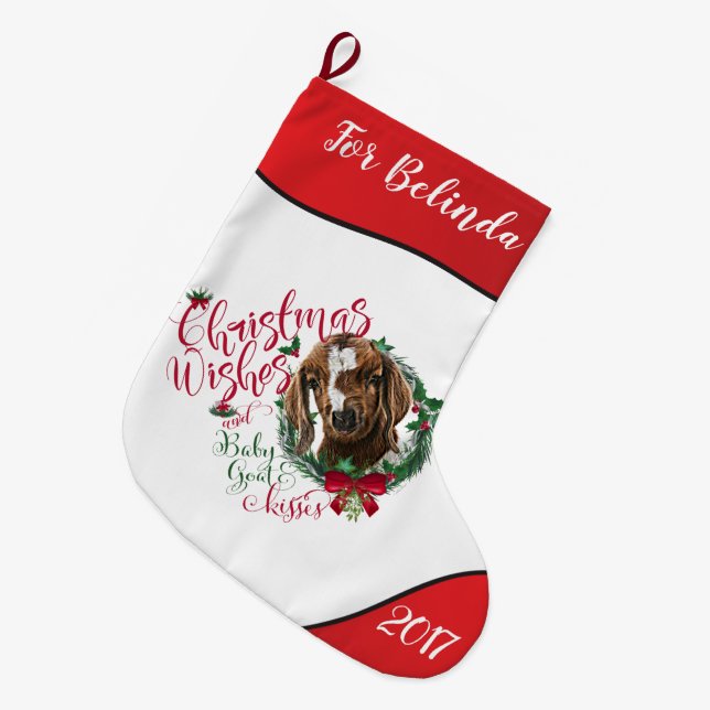 GOAT | Christmas Wishes Baby Goat Kisses Boer Large Christmas Stocking (Front (Hanging))