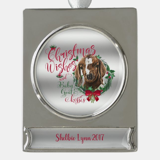 GOAT | Christmas Wishes Baby Goat Kisses Boer Silver Plated Banner Ornament (Front)