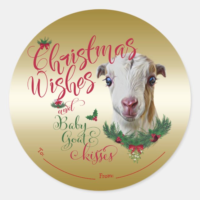 GOAT | Christmas Wishes Baby Goat Kisses LaMancha Classic Round Sticker (Front)