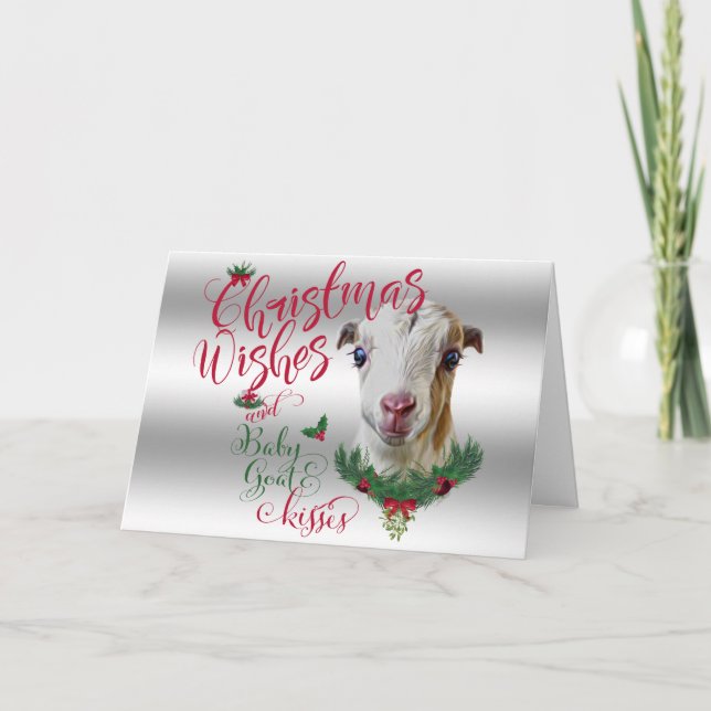 GOAT | Christmas Wishes Baby Goat Kisses LaMancha Holiday Card (Front)