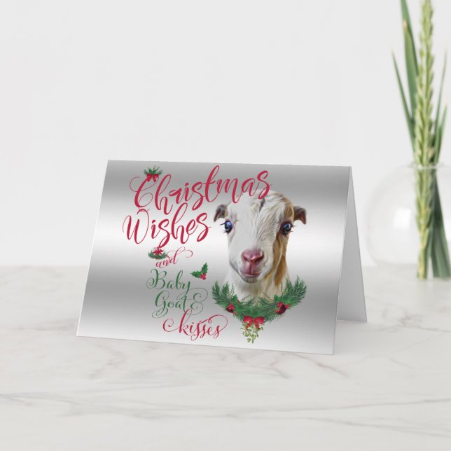 GOAT | Christmas Wishes Baby Goat Kisses LaMancha Holiday Card (Front)