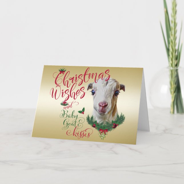 GOAT | Christmas Wishes Baby Goat Kisses LaMancha Holiday Card (Front)