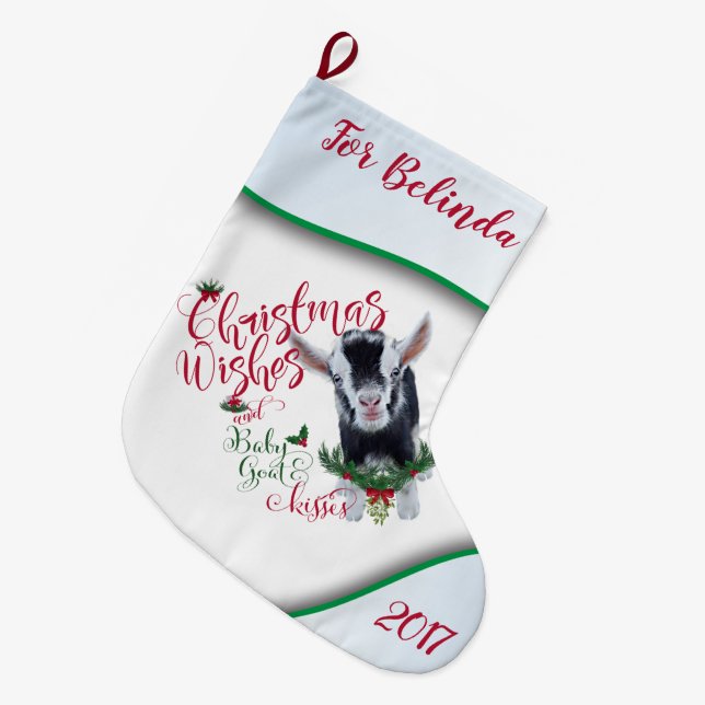 GOAT | Christmas Wishes Baby Goat Kisses Nigerian Large Christmas Stocking (Front (Hanging))