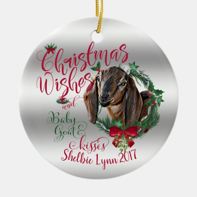 GOAT | Christmas Wishes Baby Goat Kisses Nubian 2 Ceramic Tree Decoration (Front)