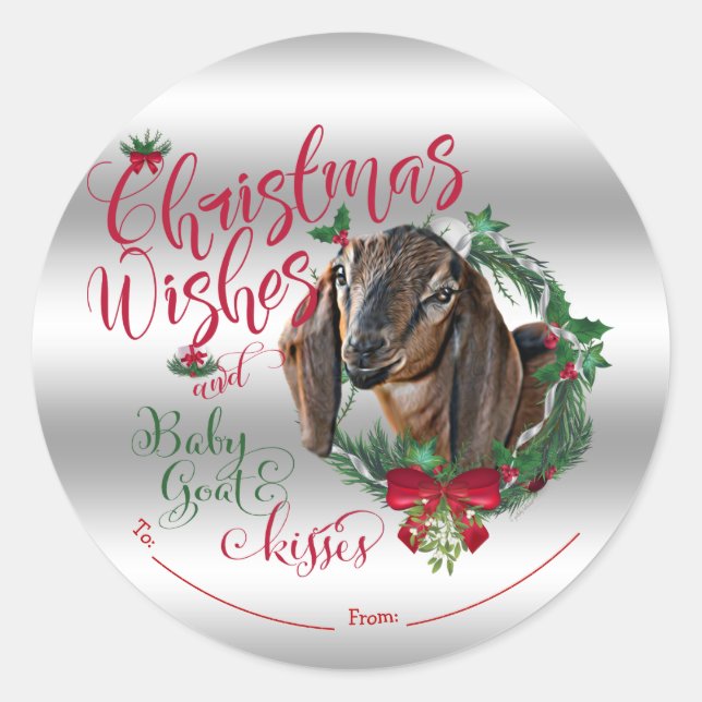 GOAT | Christmas Wishes Baby Goat Kisses Nubian 2 Classic Round Sticker (Front)