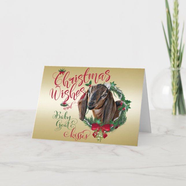 GOAT | Christmas Wishes Baby Goat Kisses Nubian 2 Holiday Card (Front)