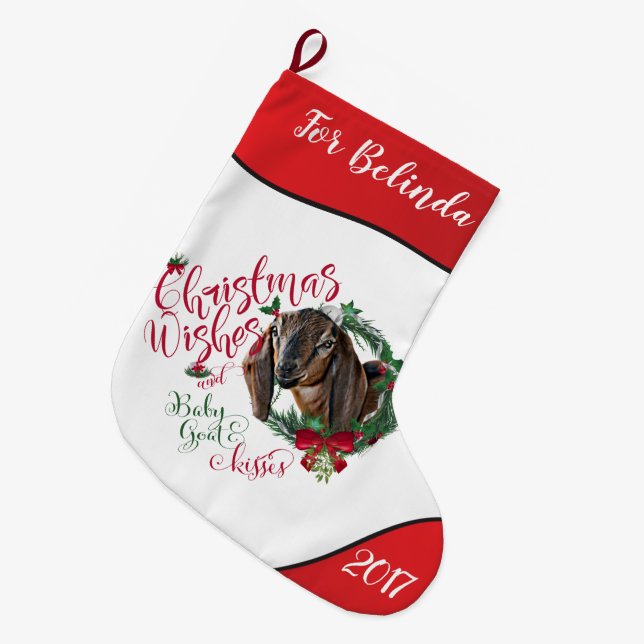 GOAT | Christmas Wishes Baby Goat Kisses Nubian 2 Large Christmas Stocking (Front (Hanging))