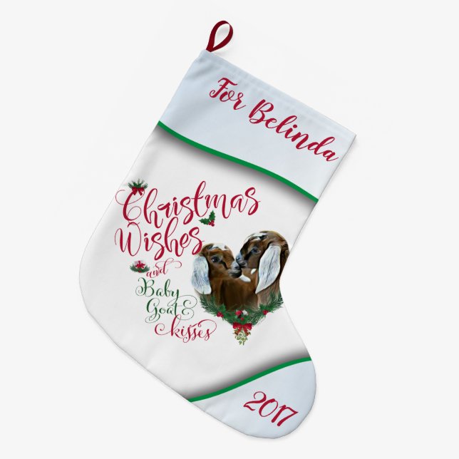 GOAT | Christmas Wishes Baby Goat Kisses Nubian 3 Large Christmas Stocking (Front (Hanging))