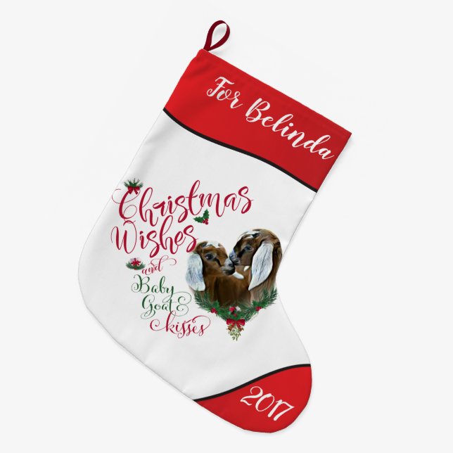 GOAT | Christmas Wishes Baby Goat Kisses Nubian 3 Large Christmas Stocking (Front (Hanging))