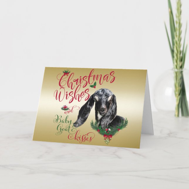 GOAT | Christmas Wishes Baby Goat Kisses Nubian Holiday Card (Front)