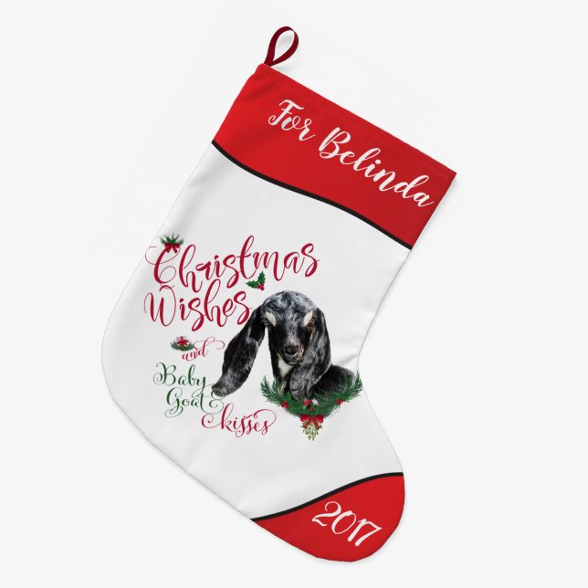 GOAT | Christmas Wishes Baby Goat Kisses Nubian Large Christmas Stocking (Front (Hanging))