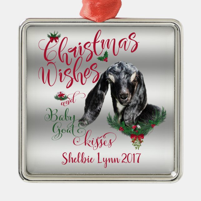GOAT | Christmas Wishes Baby Goat Kisses Nubian Metal Tree Decoration (Front)