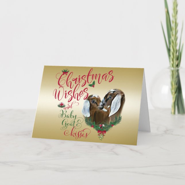 GOAT | Christmas Wishes Baby Goat Kisses Nubians Holiday Card (Front)