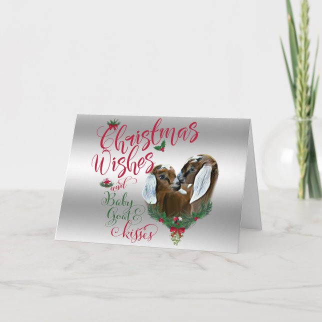 GOAT | Christmas Wishes Baby Goat Kisses Nubians Holiday Card (Front)