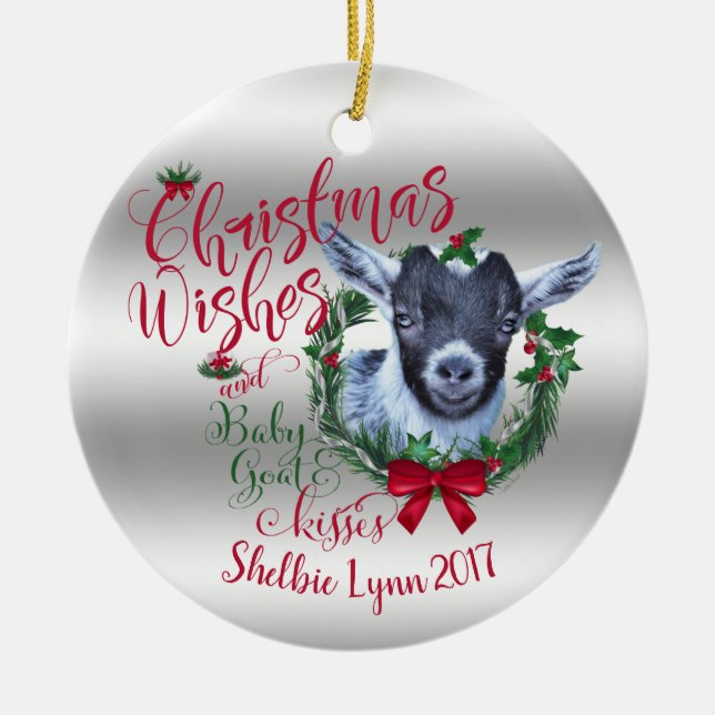 GOAT | Christmas Wishes Baby Goat Kisses Pygmy Ceramic Tree Decoration (Front)