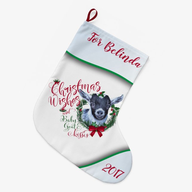 GOAT | Christmas Wishes Baby Goat Kisses Pygmy Large Christmas Stocking (Front (Hanging))