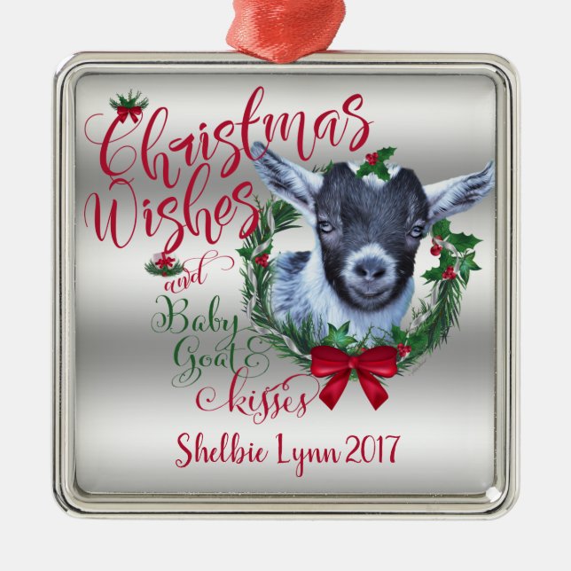 GOAT | Christmas Wishes Baby Goat Kisses Pygmy Metal Tree Decoration (Front)