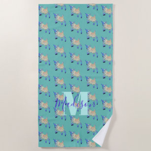 Goat Cute Teal Monogram Beach Towel