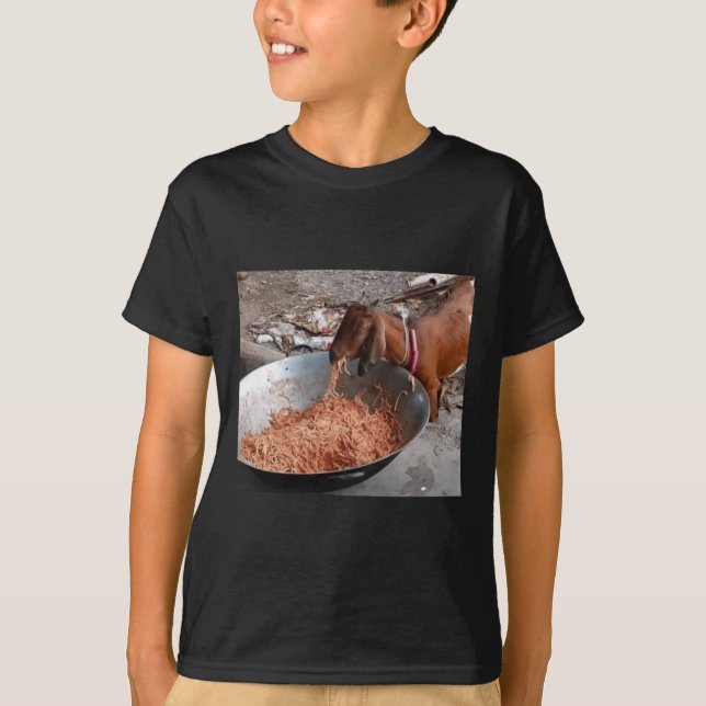Goat Eating Spaghetti Sticker  T-Shirt (Front)