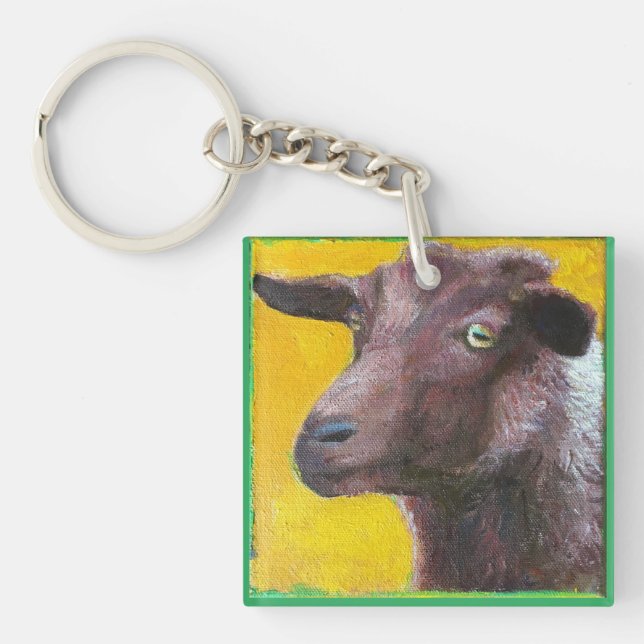 Goat face on yellow background key chain (Front)