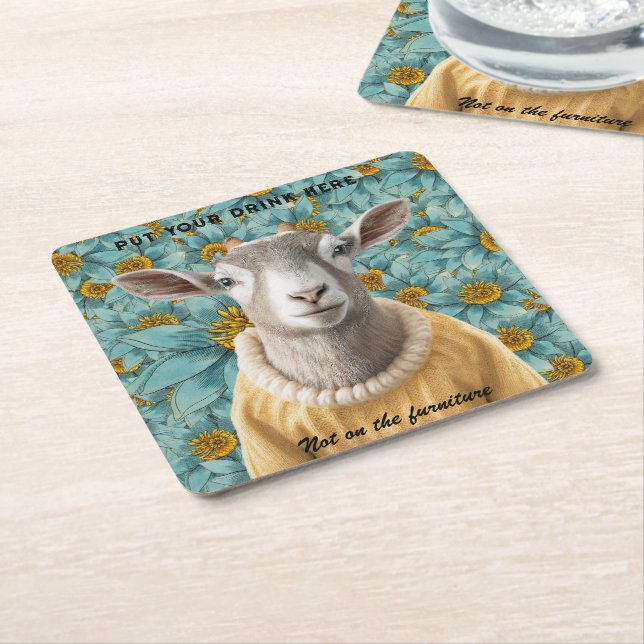 Goat Farmhouse Style Teal and Yellow Coaster (Angled)