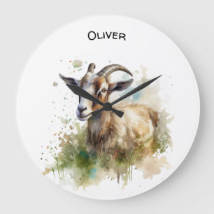 goat in a green pasture watercolor customisable large clock