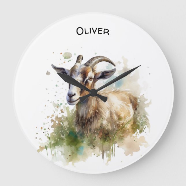 goat in a green pasture watercolor customisable large clock (Front)
