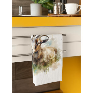 goat in a green pasture watercolor customisable tea towel
