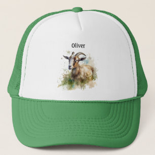 goat in a green pasture watercolor customisable trucker hat