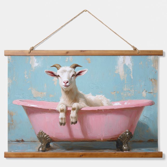 Goat in a Pink Bathtub Hanging Tapestry (Front)